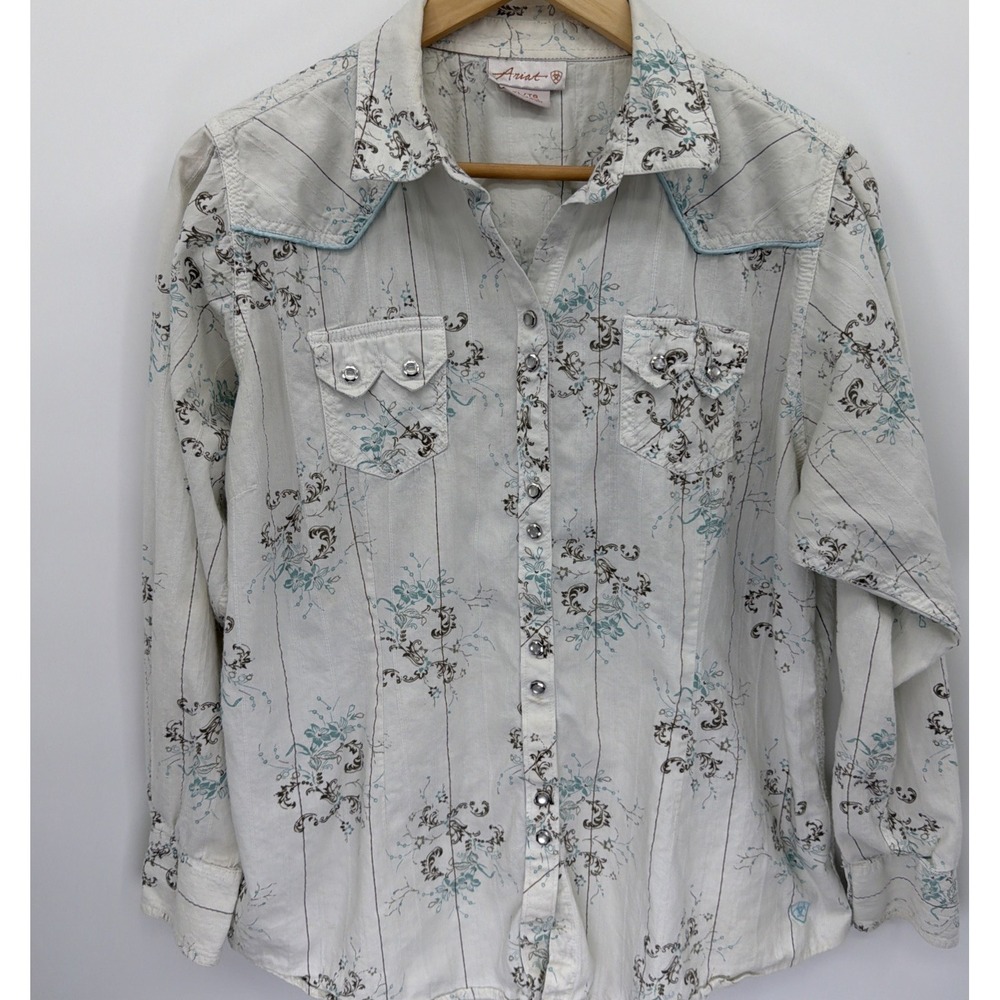 ARIAT VTG White XL Floral Paisley Pearl Snap Shirt Western Cowgirl Rodeo 80s 90s